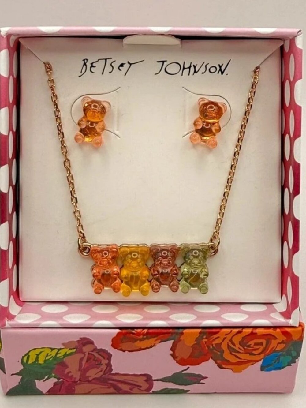 Betsey Johnson Gummy Bear Pink Yellow Purple Blue Rose Gold Earrings & Necklace